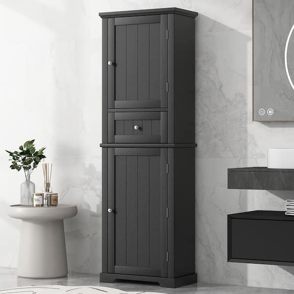 22 in. W x 11 in. D x 67.3 in. H Black MDF Freestanding Tall Linen Cabinet with Adjustable Shelves and Drawer in Black