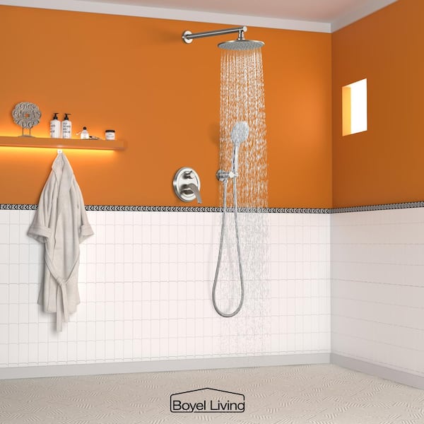 5-Spray Patterns with 2.4 GPM 9 in. Wall Mount Dual Shower Heads with Valve Included in Brushed Nickel