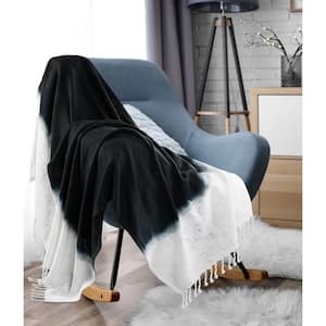 Shibori 50 in. x 60 in. Jet Black/White Color Block Fringe All Natural Cotton Throw Blanket