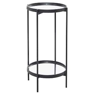 15 in. Black 2 Level Large Round Mirrored End Accent Table with Mirrored Glass Top