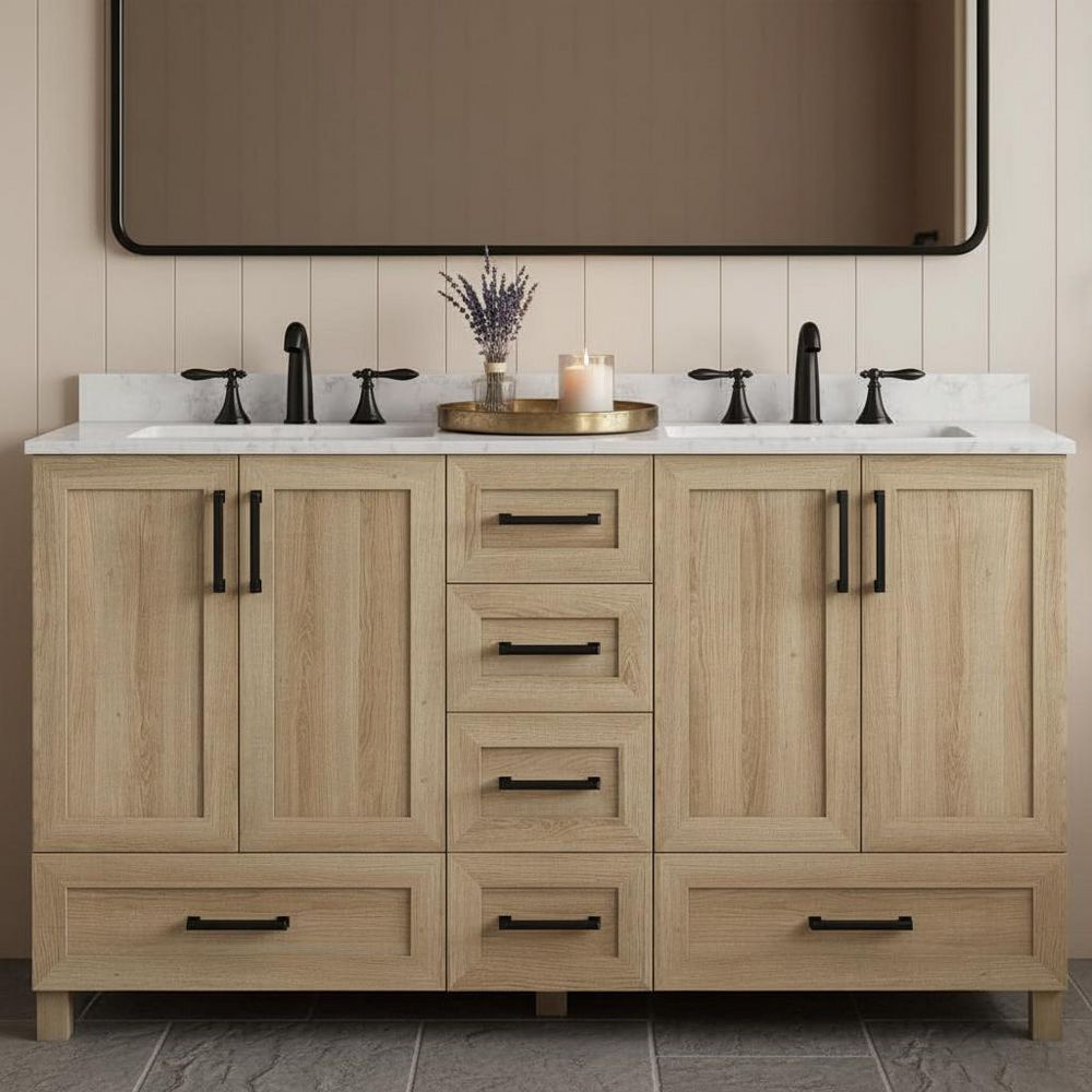 Tobana 60 in. Double Sink Weathered Tan Bath Vanity with White Engineered Marble Top (Assembled)