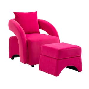 Modern Rose Red Velvet Upholstered Barrel Arm Accent Chair with Ottoman