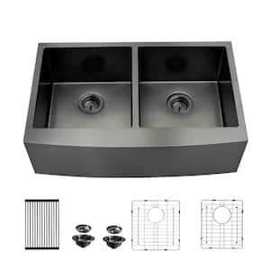 36 in. Farmhouse/Apron Front 50/50 Double Bowl 16-Gauge Gunmetal Black Stainless Steel Kitchen Sink with Bottom Grid