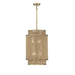 Ashburn 16 in. W x 24.5 in. H 6-Light Warm Brass Statement Pendant Light with Rope Cylindrical Shade