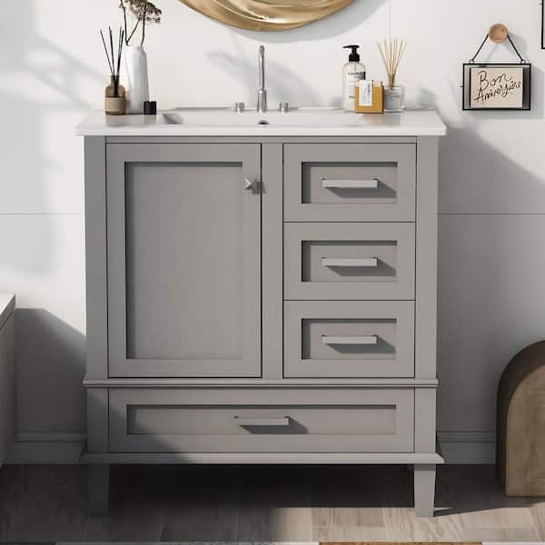 30 in. W x 18.3 in. D x 34 in. H Gray Bath Vanity in Freestanding Solid Wood Frame, Top with White Ceramic Basin
