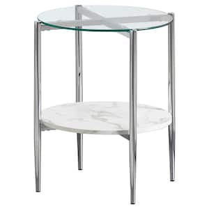 21 in. White Carrara Faux Marble and Chrome Round Glass End Table