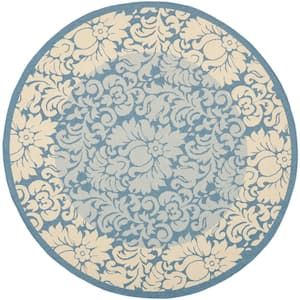 Courtyard Blue/Natural 5 ft. x 5 ft. Round Floral Indoor/Outdoor Patio  Area Rug