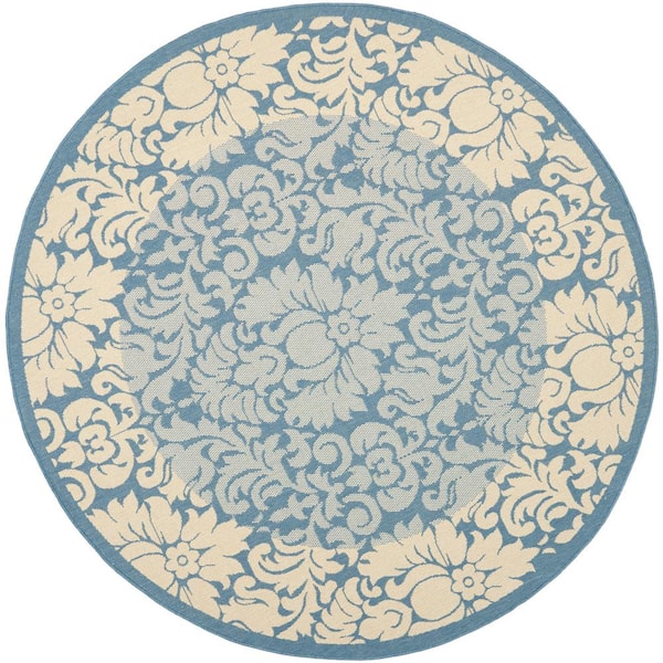 SAFAVIEH Courtyard Blue/Natural 5 ft. x 5 ft. Round Floral Indoor/Outdoor Patio  Area Rug