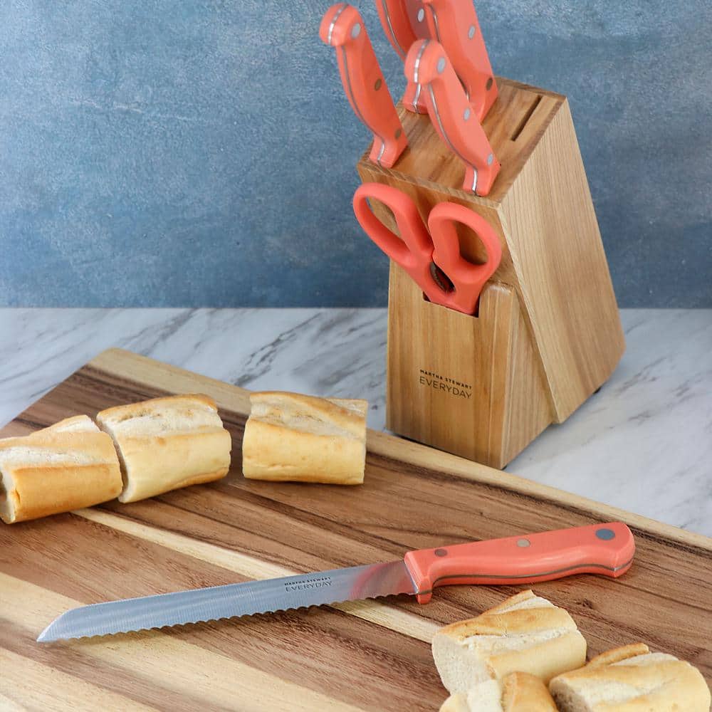 Keswick 7 Piece Stainless Steel Knife Set with Coral Handles and Wood Block