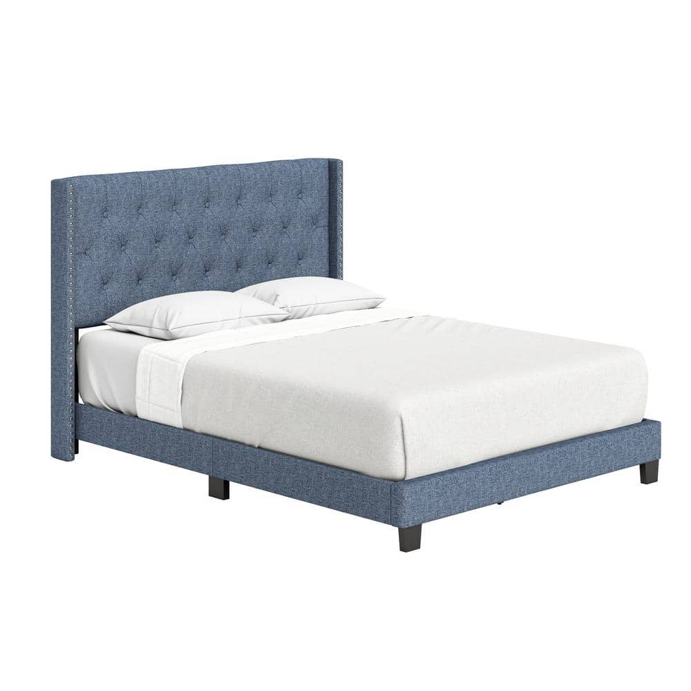 Sophia Blue Linen Queen Platform Bed with Tufted Wingback Headboard