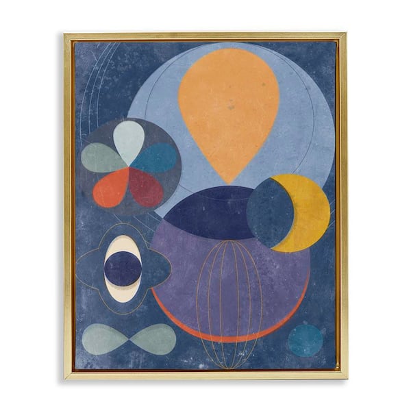 Stupell Industries Blue Retro Collage by Victoria Barnes Gold Floater Frame Abstract Graphic Art Print 21 in. x 17 in.