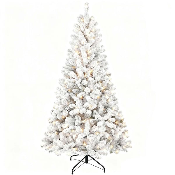 6 ft. Flocked Tree with 250 Warm White Incandescent Lights and 678 Tips and Sturdy Metal Stand for Outdoor