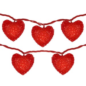 7.5 ft. 10-Count Clear Valentine's Day Heart Holiday Incandescent Lights with Red Wire Bulbs