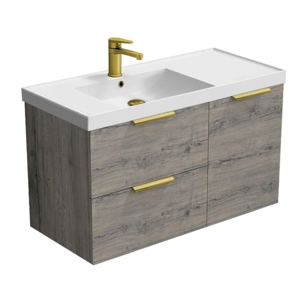 Nameeks Lisbon 36.2 in. W x 18.5 in. D x 21.65 in. H Modern Bathroom Vanity in Grey Oak With White Ceramic Top