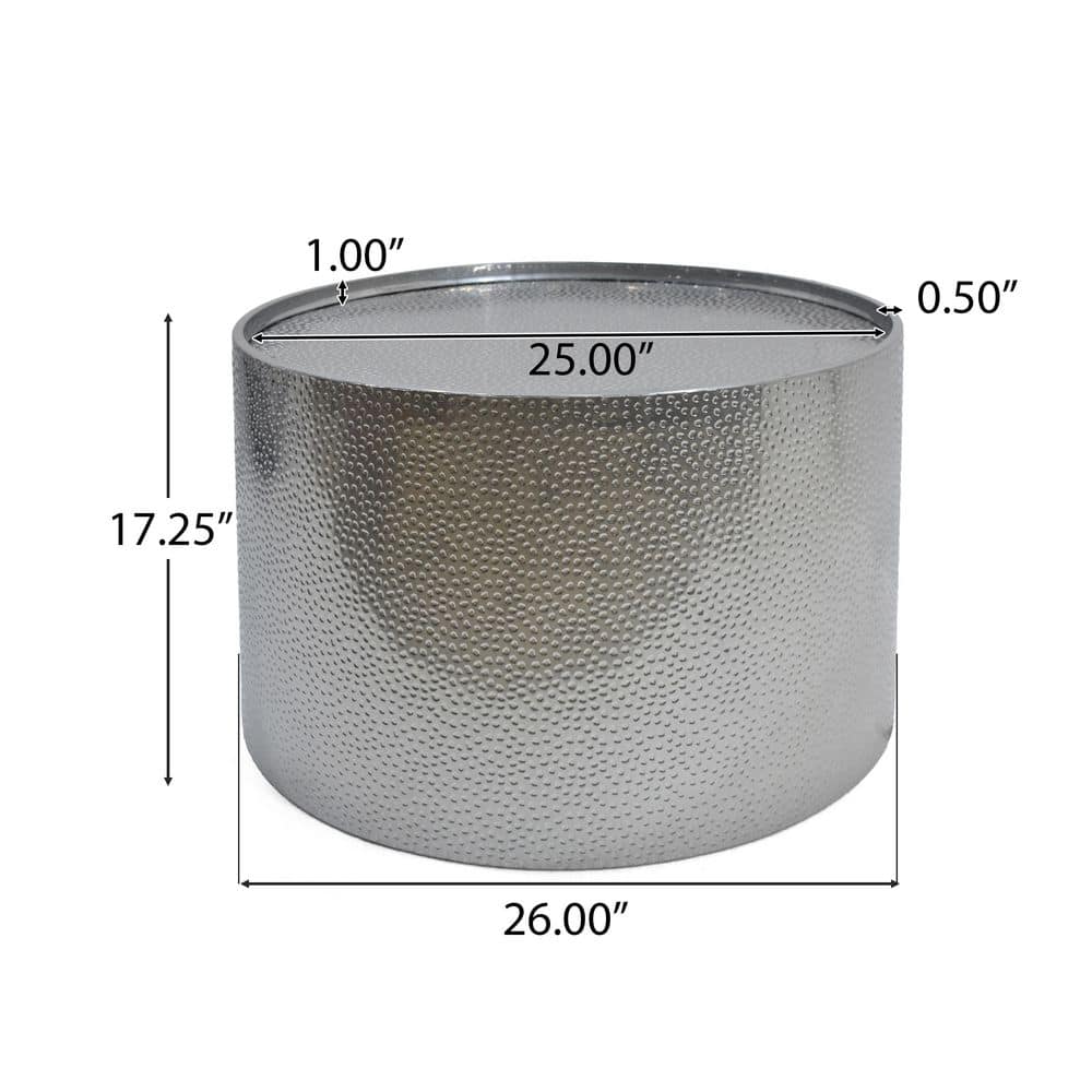 Contemporary 26" Silver Hammered Metal Round Coffee Table