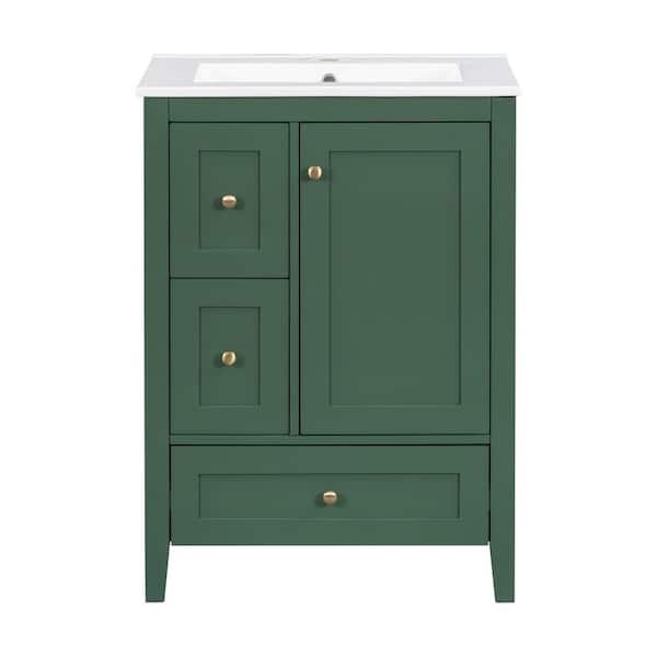NURVIA 24 in. Single Sink Freestanding Green Bath Vanity with White Ceramic Top Unassembled