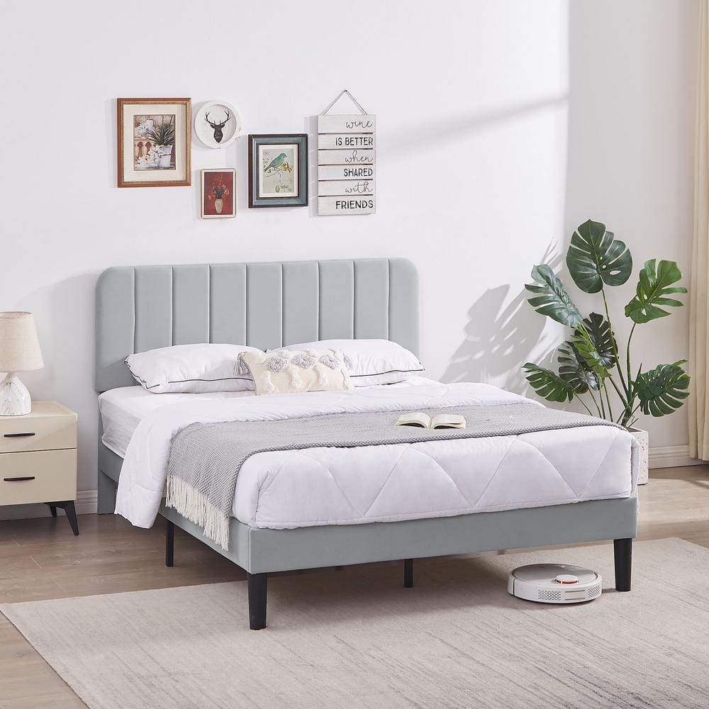 VECELO Upholstered Bed, Light Gray Full Bed Platform Bed with ...