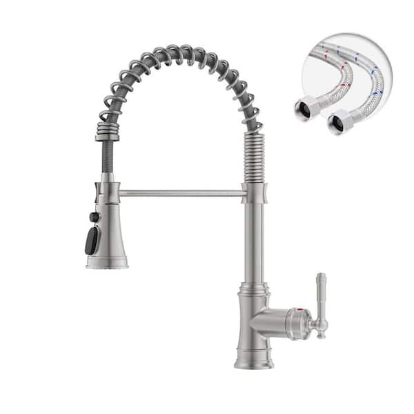 BWE Single-Handle Pull-Down Sprayer Coil Spring High-Arc Kitchen Faucet with Deckplate Sink Faucet in Brushed Nickel