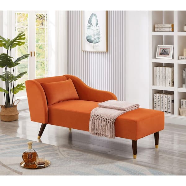 58.3 in. Orange Modern Velvet Bench, Chaise Lounge Chair with Tilted Backrest, Gold-Accent Legs and Removable Pillow