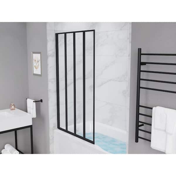 Accordion Style 33 in. W x 56 in. H Sliding Framed Tub Door in Matte Black with Tsunami Guard Tempered Clear Glass