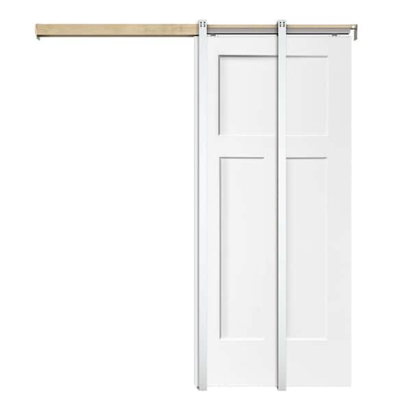 CALHOME White 30 in. x 80 in. Painted Composite MDF 3PANEL Interior Sliding Door with Pocket Door Frame and Hardware Kit