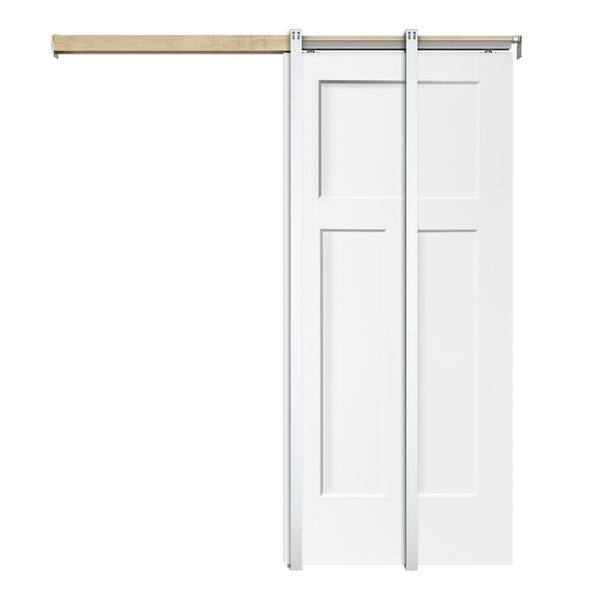 CALHOME White 36 in. x 80 in.  Painted Composite MDF 3PANEL Interior Sliding Door with Pocket Door Frame and Hardware Kit