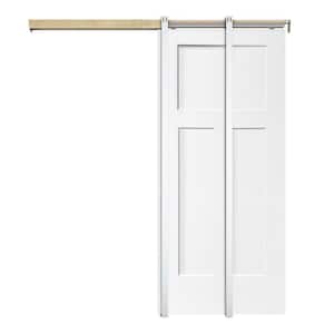 White 30 in. x 80 in. Painted Composite MDF 3PANEL Interior Sliding Door with Pocket Door Frame and Hardware Kit