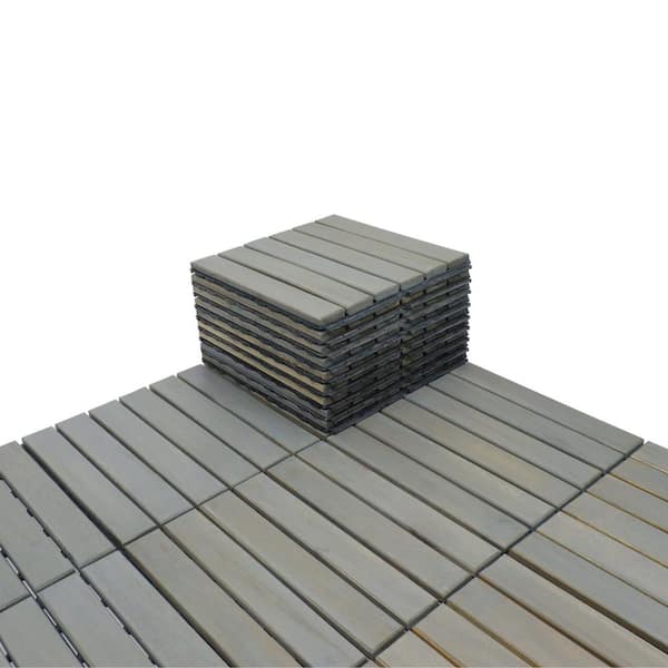 Unbranded 12 in. x 12 in. Light Gray Square Acacia Wood Interlocking Flooring Tiles Striped Pattern(Pack of 10-Tiles)