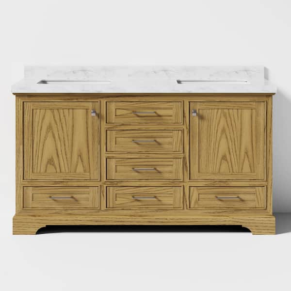 60 in. W x 21.7 in. D x 33.5 in. H Double Sink Freestanding Bath Vanity in Walnut with White Ceramic Top (Assembled)