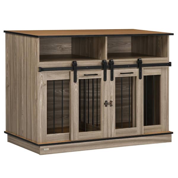 PawHut Size-Changing Dog Crate End Table with Removable Panel and 2 Rooms, Shelves and Sliding Doors, Fancy Puppy Furniture