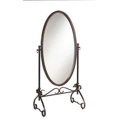 27.9 in. x 63 in. Modern Oval Shaped Metal Framed Brown and Clear Cheval Standing Mirror with Scrollwork Base
