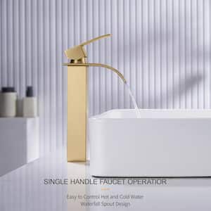Waterfall Single Hole Single Handle Tall Bathroom Vessel Sink Faucet with Supply Lines in Brushed Gold