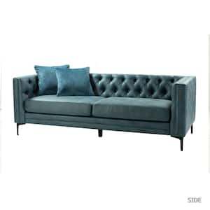 Eridu Comtemperary 84 in. Square Arm Faux Leather Button-Tufted design Tuxedo Rectangle Sofa in Blue