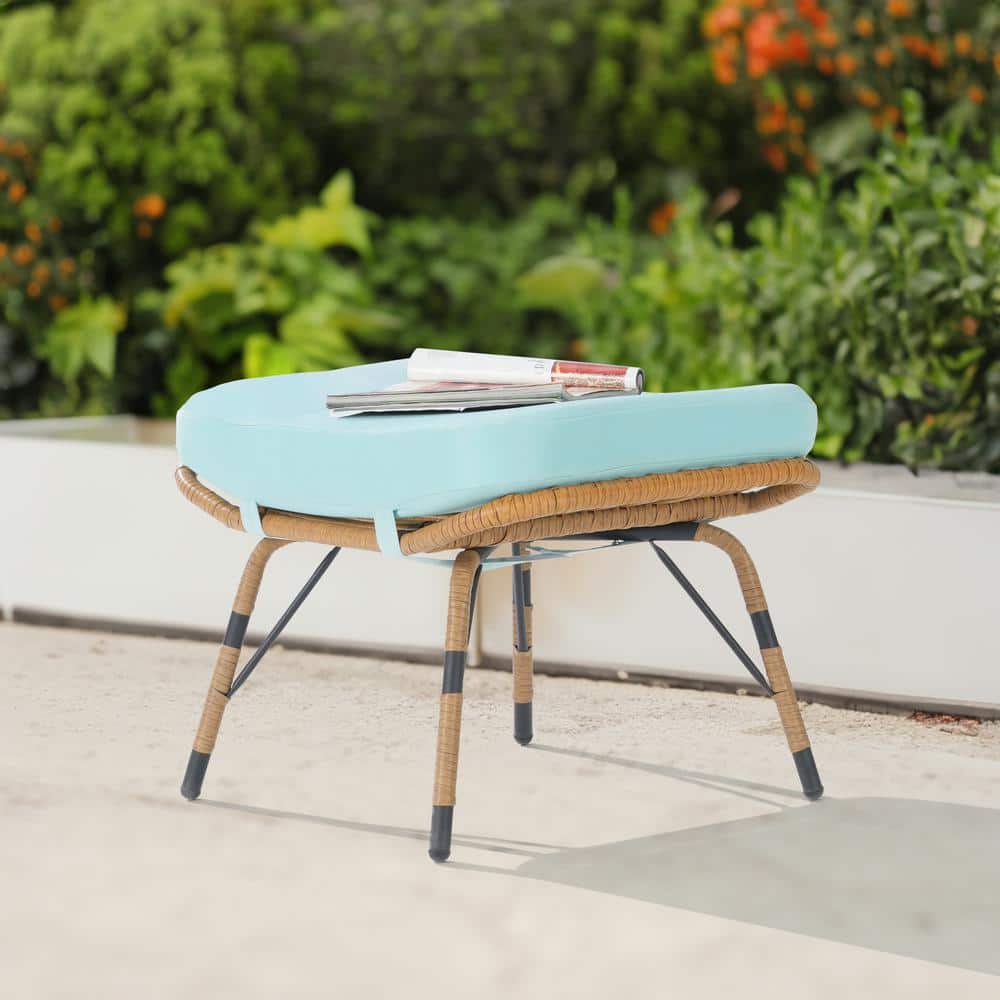 Brown Wicker All Weather Rattan Outdoor Ottoman with Removable Tiffany Blue