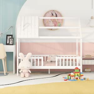 Twin Size Wood House Bed with Fence for Kids, Toddlers Platform Bed with Slats Support, No Box Spring Needed, White