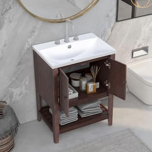 24 in. Modern Freestanding Small Bathroom Vanity Storage Wood Cabinet in Gray with Brown Caremic Top and Open Shelf