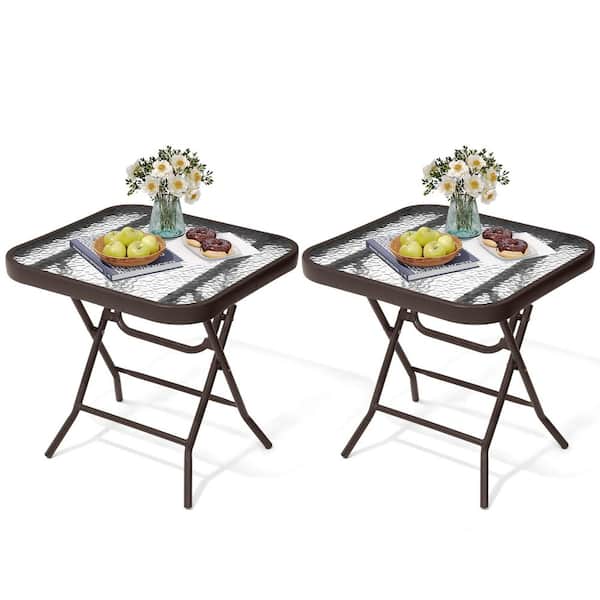 Crestlive Products 17.7 in. Brown Square Foldable Metal Outdoor Glass Side Table (2-Pack)