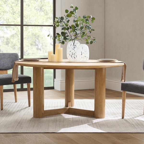 Jacinto Farmhouse Natural Solid Wood 60 in. Pedestal Dining Table Seats 6