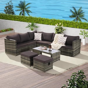 6-Piece Patio Furniture Set - Weather-Resistant Wicker with Tempered Glass Table, Drak Gray