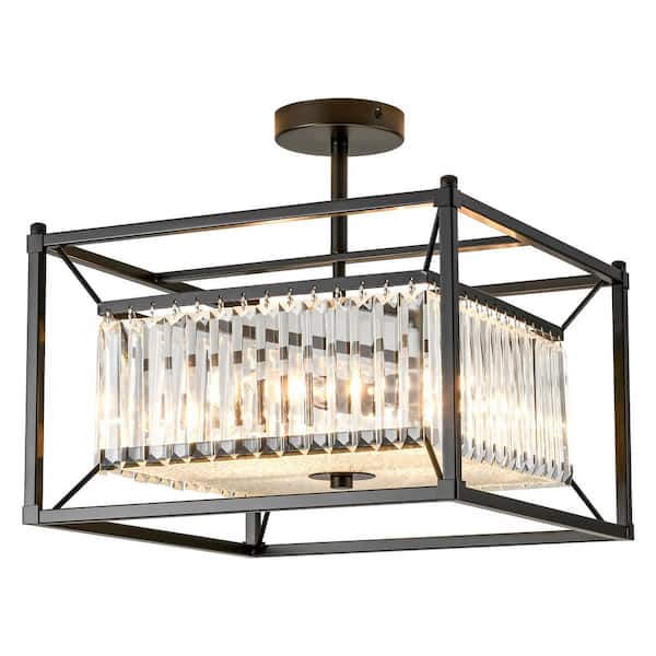 Arvin 15.75 in. W 4-Light Square Crystal Semi-Flush Mount Light, Modern Black Finish for Living Room, Dining Room