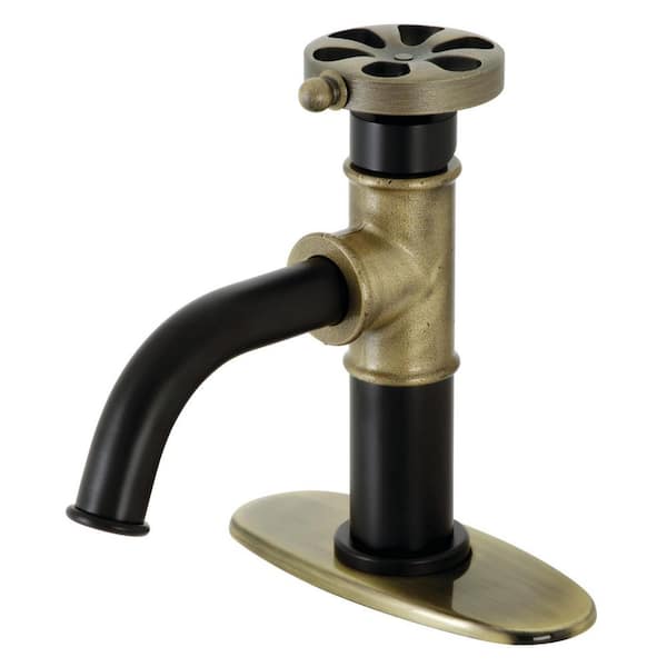 Kingston Brass Belknap Single-Handle Single-Hole Bathroom Faucet with Push Pop-Up and Deck Plate in Matte Black/Antique Brass