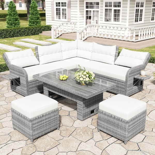 winkwjp　ソファー Gray Wicker Outdoor Sectional Set with White Cushions, Adjustable