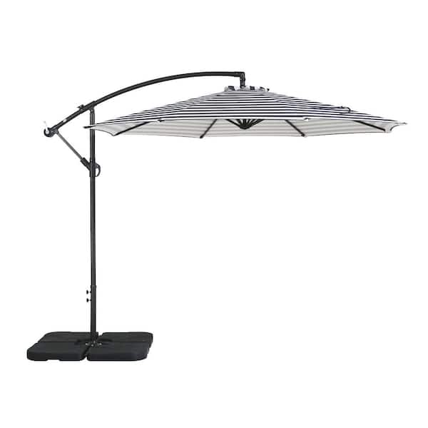 Bayshore Outdoor 10 ft. Hanging Offset Cantilever Patio Umbrella with Easy Crank Lift & Base Weights, Gray/White Stripe