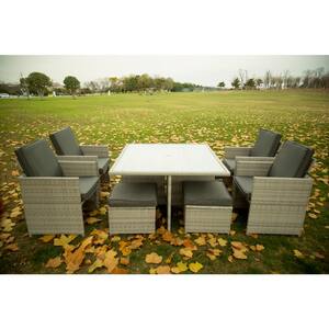 Light Gray 9-Piece PE Wicker Outdoor Dining Set Aluminum Frame Conversation Set with Dark Gray Cushions and 4 Ottomans