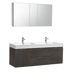 Valencia 60 in. W Wall Hung Vanity in Gray Oak with Acrylic Double Vanity Top in White with White Basin,Medicine Cabinet