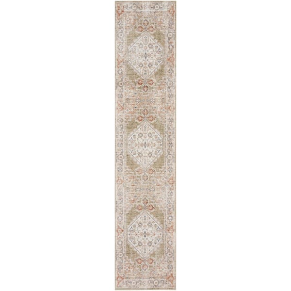 Nourison Astra Machine Washable Sage Multi 2 ft. x 12 ft. Distressed Traditional Kitchen Runner Area Rug