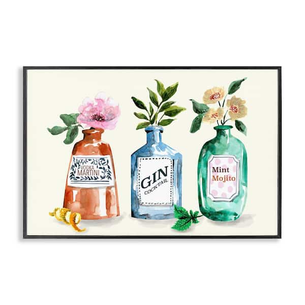 Stupell Industries Floral Alcohol Bottles by Kate Eldridge Black Framed Food Giclee Art Print 12 in. x 18 in.