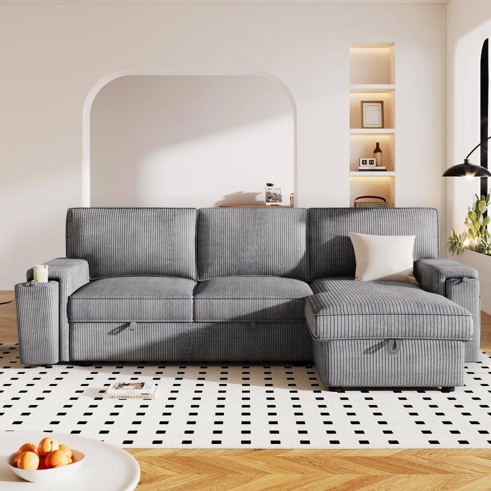 96.1 in. Square Arm Polyester Rectangle Sofa in Gray with Storage Bags and 2 Cup Holders