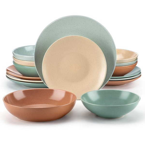 16-Piece Multi-Colored Stoneware Dinnerware Set Service for 4-Sesame Glaze Tableware Bowls and Plates Dinner Set