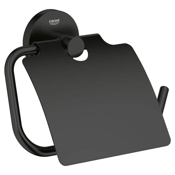 GROHE Essentials Single Post Wall Mounted Toilet Paper Holder with Cover in Matte Black